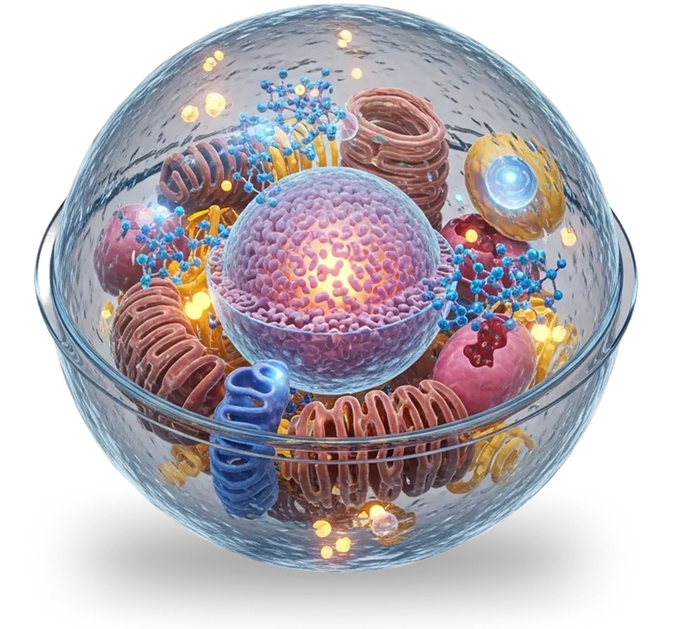 Model of a cell with various organelles inside a transparent sphere on a white background